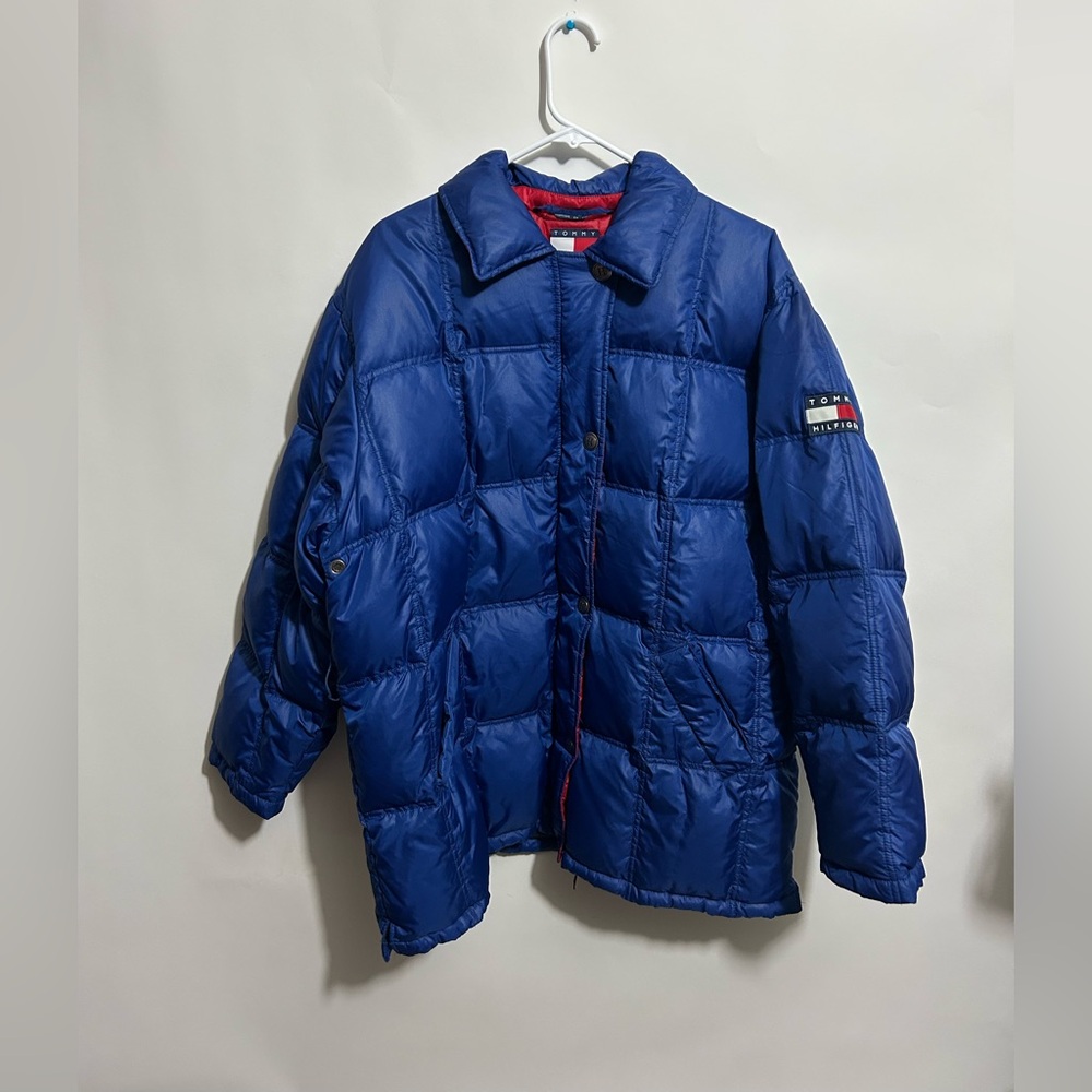 VTG Tommy Hilfiger Men’s Down Puffer Button Bubble Jacket Chunky Blue EC Size XL